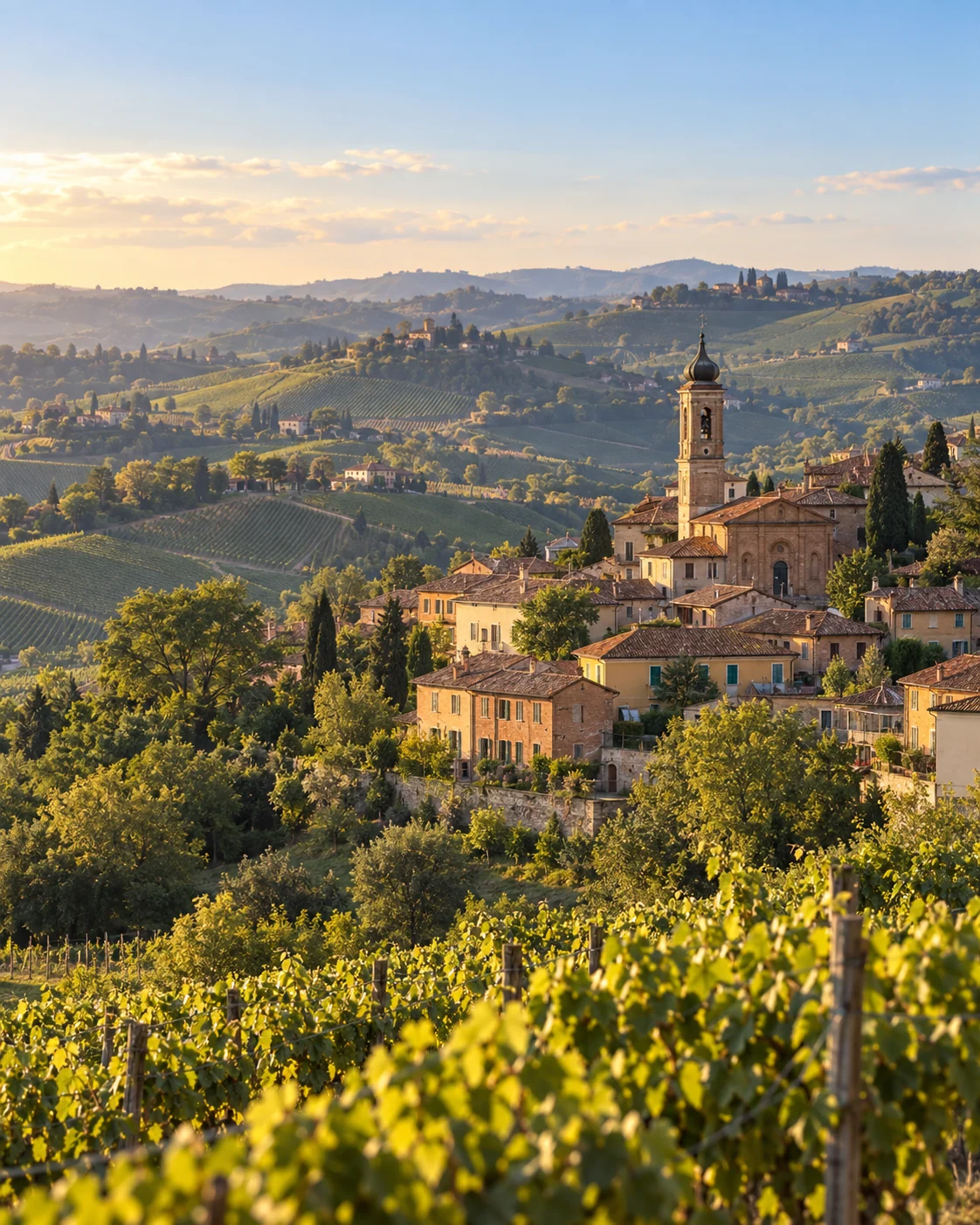 Un borgo con il campanile sulle colline