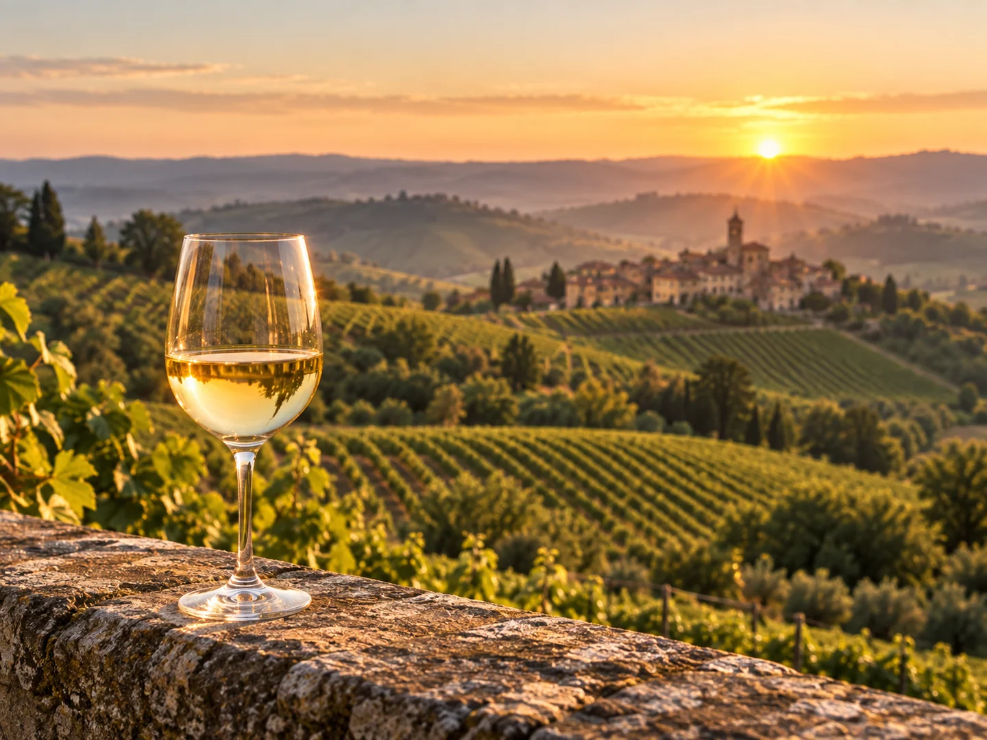 Un calice di vino bianco davanti ai vigneti del Monferrato